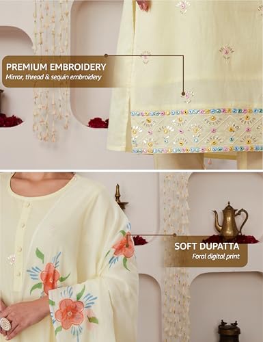 Image of Amazon Brand - Myx Women Embroidered Cotton Kurta Pant Set with Dupatta (Available in Plus Sizes)