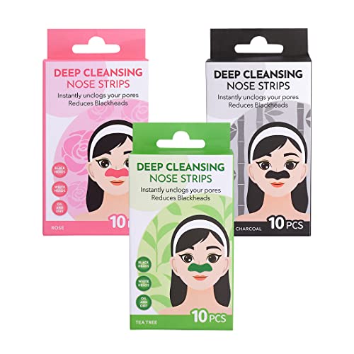 Image of MINISO Nose Strips for Blackheads Remover Whitehead Remover, Deep Cleansing Skin Care Nose Pore Cleanser Strips, Rose+Bamboo Charcoal+Tea Tree, Total 30 Pcs