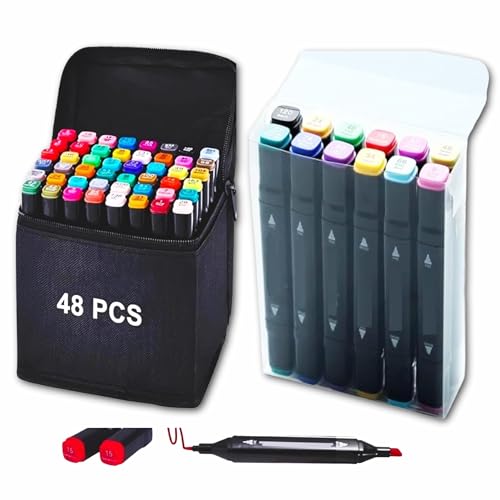Image of Corslet Combo 48 + 12 Dual-Tip Alcohol Marker Pens - Fine & Broad Art Markers for Drawing, Sketching & Coloring | Vibrant Permanent Artist Markers with Carry Case for Adults & Kids |