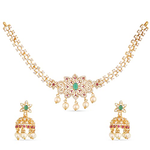 TARINIKA Yellow Gold Beli Nakshatra CZ Short Necklace Set with Floral Design - Indian Jewelry Set for Women | Perfect for Casual Occasions | Indian necklace sets | 1 year warranty*