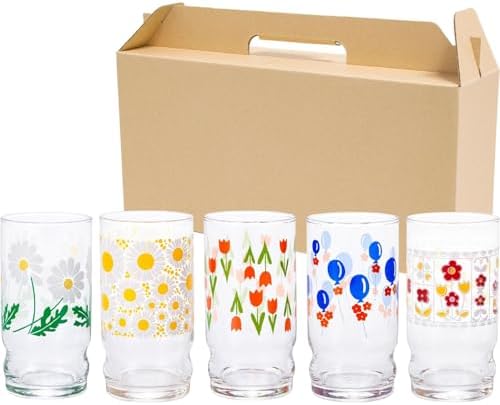 Aderia Retro Glass, Arrangement Cup, 9.1 fl oz (270 ml), Set of 5 Patterns, Comes in Exclusive Craft Box, Made in Japan
