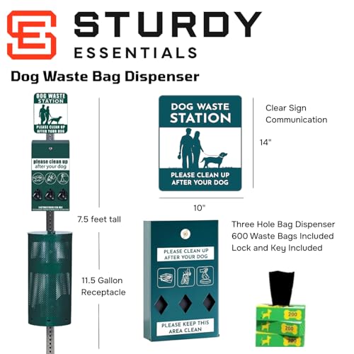 Sturdy Essentials Complete Premium Dog Waste Station with 11.5 Gallons Pet Waste Bin, Trash Receptacle, Weatherproof, Stainless Steel, Easy Bag System Includes 300 Dog Waste Bags & 25 Liners - Green