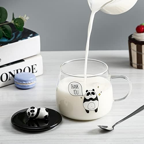 Phitihui Panda Mug, Thank You Gifts for Teacher Mum Dad Her Women Men Friend Girls, Birthday Present Christmas Halloween Graduation Gift, Novelty Cute Glass Cup with Lid and Spoon for Tea Milk Coffee