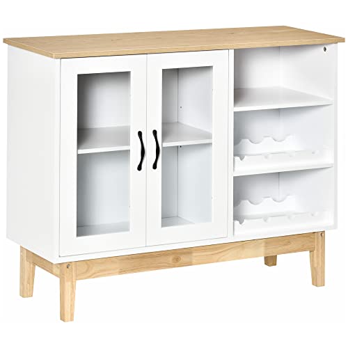 HOMCOM Aparador de Cocina con 2 Botelleros para 8 Botellas de Vino Armario de 2 Puertas de Cristal y Estantes Abiertos Moderno para Comedor Bar 103x34x80 cm Blanco y Roble