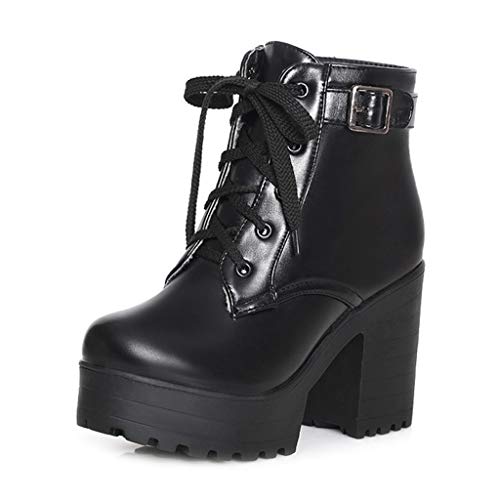 MIOKE Women's Round Toe Platform Dressy Ankle Boots Buckle Lace Up Chunky Block High Heel Dress Short Bootie
