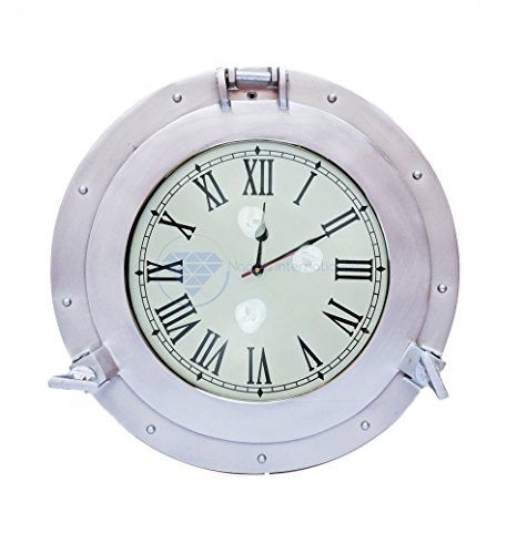 Nagina International Silver Deco - Reloj de ojo de buey de aluminio náutico con recubrimiento en polvo de alta calidad, diseño de barco pirata, decoración exclusiva de pared (15 pulgadas)