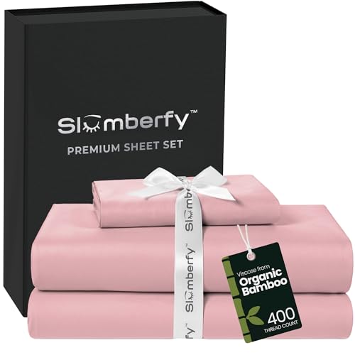 Image of Slumberfy 3-Piece 400 TC Viscose Derived from Bamboo Sheets, Twin XL Size - 1 Fitted, 1 Flat, 1 Pillow Case - Deep Pocket Cooling Viscose-Bamboo Bed Sheets in Magnetic Closure Gift Box, Light Pink