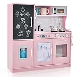 GOPLUS Cuisine en Bois Enfant avec Effet Sonore, Jouet de Cuisine Enfantavec Tableau Noir et 6 Compartiments de Rangement, Télephone, Accessoires Riches, pour Garçon Filles 3 6 Ans (Rose Clair)