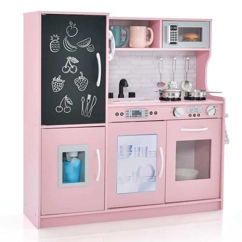 GOPLUS Cuisine en Bois Enfant avec Effet Sonore, Jouet de Cuisine Enfantavec Tableau Noir et 6 Compartiments de Rangement, Télephone, Accessoires Riches, pour Garçon...