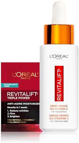 L'Oreal Paris Revitalift 12% Pure Vitamin C Serum, Brightening Serum For Face with Vitamin E, Salicylic Acid, 1 oz + Moisturizer Sample