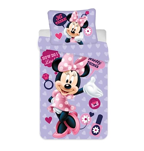 Jerry Fabrics Ropa de Cama para Niños con Cremallera, Diseño Minnie Purple, Funda de Edredón 140 x 200 cm y Funda de Almohada 70 x 90 cm, Poliéster