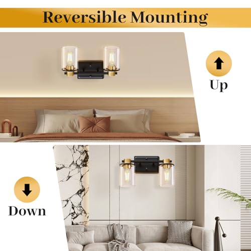 Image of Bathroom Light Fixtures Over Mirror, Gold&Black Vanity Light, Modern Vanity Lights with Clear Glass Shade, Bathroom Light Fixtures with Anti-Rust Metal Frame for Bedroom Washroom Living Room E26 Base