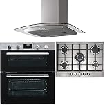 SIA DO111SS 60cm Stainless Steel Built Under Double Fan Oven, SIA R6 70cm 5 Burner Gas Hob and Cast Iron Pan Stands & CGH60SS Curved Glass Cooker Hood