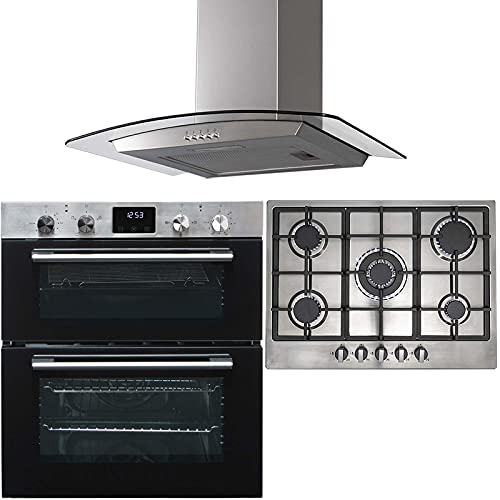 SIA DO111SS 60cm Stainless Steel Built Under Double Fan Oven, SIA R6 70cm 5 Burner Gas Hob and Cast Iron Pan Stands & CGH60SS Curved Glass Cooker Hood