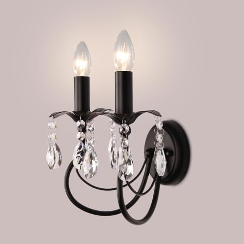 Image of 2-Light Vintage Crystal Wall Sconce, Antique Wall Lights with Black Finish for Bedroom Bedside Living Room, Victorian Candle-Style