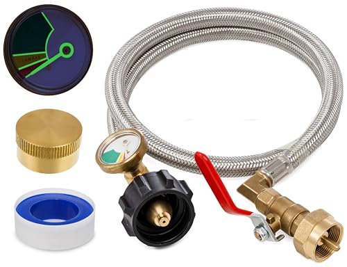 BlueStars 3 Feet Propane Refill Adapter Hose with Gauge & ON/Off Control Valve - Stainless Steel Extension Propane Refill Hose Fill 1 Pound Bottles from 5-40lb Tank - with Bottle Cap and Sealing Tape