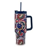 Vera Bradley 40 Ounce Tumbler with Handle and Straw, Double Wall Stainless Steel Insulated Tumbler, Cupholder Friendly 40 oz Cup, Metal Tumbler for Hot or Cold Drinks (Bossanova Bold)