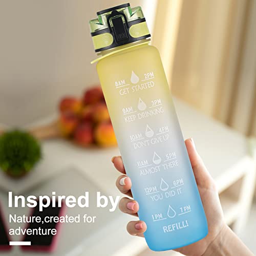 Image of 32 oz Large Water Bottle with Motivational Time Marker & Removable Strainer,Fast Flow BPA Free Non-Toxic for Fitness, Gym and Outdoor Sports (Yellow /Blue)