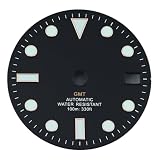 FEIYASHI 28.5MM GMT Watch Dial 3C Green Luminous Index Date Dial Fits NH34 Automatic Movement Diver Watch Mod Replacement Parts (Black Background, Rose Nail,Champagne Gold GMT)