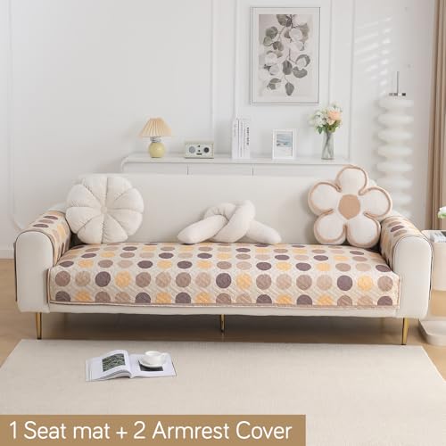 Image of HOKIPO 'HomeHues Series' Printed Quilted Sofa Seat Mat for 2 Seater Sofa with 2 Armrest Covers with Pockets, Brown Polka Dot (IN-807-D4 + IN-814-D4*2)