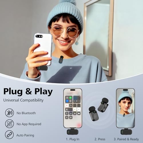 Image of HEHOTTC Mini Wireless Lavalier Microphones for iPhone 15 /16 /17 & Android, 30H Battery Life with Charging Case, Lapel Microphone Wireless for Video Recording Vlogging