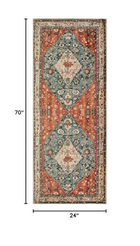 Lahome Boho Tribal 2x6 Washable Runners for Hallways Non Slip, Bohemian Kitchen Mats for Floor, Vintage Low-Pile Bathroom Entryway Carpet Runner for Laundry Living Bedroom (Rust/Dull Teal,2x6ft)