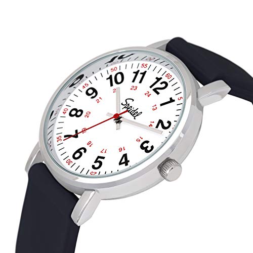 Speidel Original Scrub Watch™ Nurses Doctors Medical Professionals Students Men Women Unisex Easy Read Dial Military Time Red Second Hand Silicone Band Water Resistant ENGRAVABLE Black2