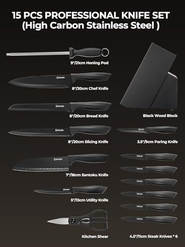 Image of Knife Set, D.Perlla 15 Pieces Knife Sets for Kitchen with Block, Dishwasher Safe Kitchen Knife Set with Sharpener Rod, Black Coating German Stainless Steel Knife Block Set, Non-stick & Non Rust, Black
