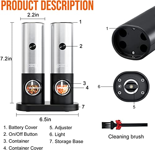 Electric Pepper And Salt Grinder Set, Adjustable Coarseness, Battery Powered With Led Light And Storage Base, One Hand Automatic Operation, Stainless Steel, 2 Pack #TOP6