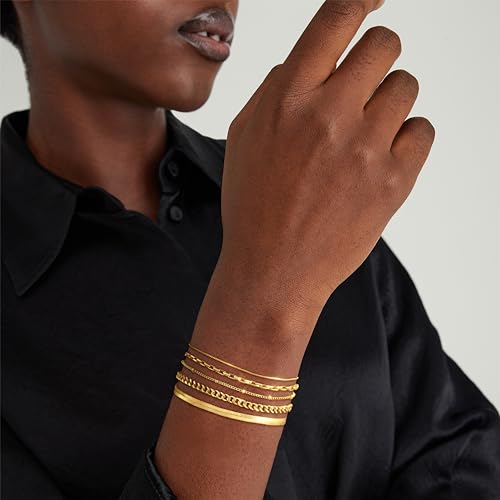 Bracelet for Women - Dainty Stack Bracelets Trendy Adjustable 14K Gold Plated Thin Paperclip Bead Box Satellite Figaro Cuban Link Chain Bracelet Set for Women Waterproof Jewelry Gift