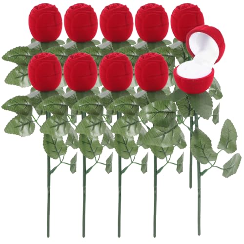 Healeved 10Pcs Valentine Day Red Rose Flower Ring Box Set Romantic Engagement Jewelry Storage Cases for Wedding Proposal Flower Bouquet Ring Case