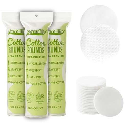 FERMALIFE Premium 100% Pure Cotton Rounds Dual Sided Exfoliating & Ultra Soft Pads for Face, Toner, Makeup, Nails, Facial, Skincare & Baby Care, Lint Free, Hypoallergenic (300ct (3 Bags))