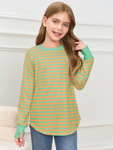 Image of Haloumoning Girls Striped Long Sleeve Shirts 5-14 Years | Thumb Hole, Crewneck, girls tops,Tunic Tops, Curved Hem Tees