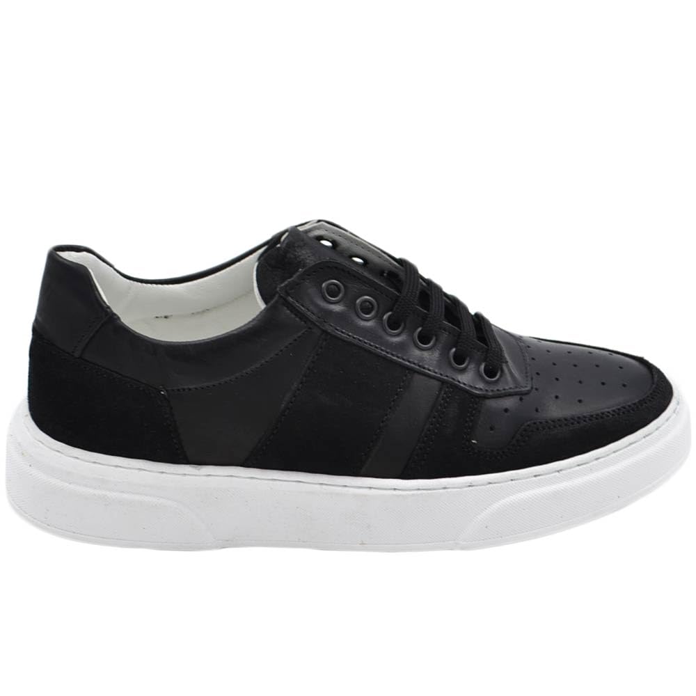 Malu Shoes SNEARKERS Męskie czarne z prawdziwej skóry z czarnymi zamszowymi wstawkami, sznurowane zapięcie, oddychające, wysokie dno, ANATOMICZNE