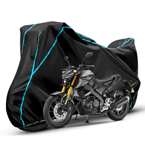 Image of Waterproof Bike Body Cover Compatible with Yamaha Mt-15 Dustproof Scratchproof - Motorcycle Cover for Two Wheeler, Outdoor Full Cover with UV, Duty, Rain Protection (Black & Aqua)