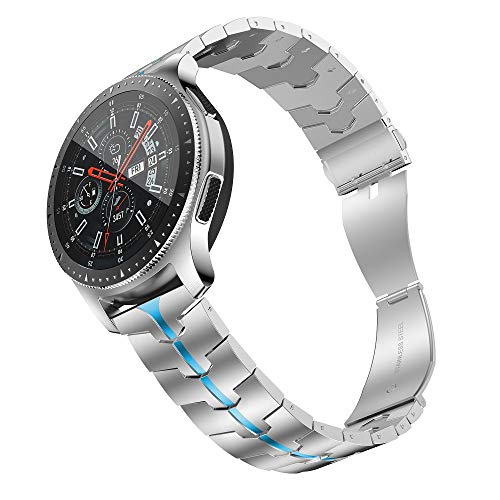 Rabuzi Compatible For Samsung Galaxy Watch 3 45Mm/46Mm Bands,22Mm Enamel Process Stainless Steel Metal Watch Strap Compatible Samsung Watch 3 45Mm,Gear S3 Frontier/Classic Smartwatch,Silver+Blue #TOP2