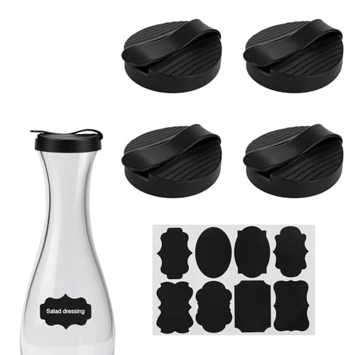 Fukaisu 4pcs Replacement Lids for Good Seasons, Silicone Salad Dressing Lid with Stickers Leakproof & Airtight Cap Accessory for Cruet Bottle Container (Black)