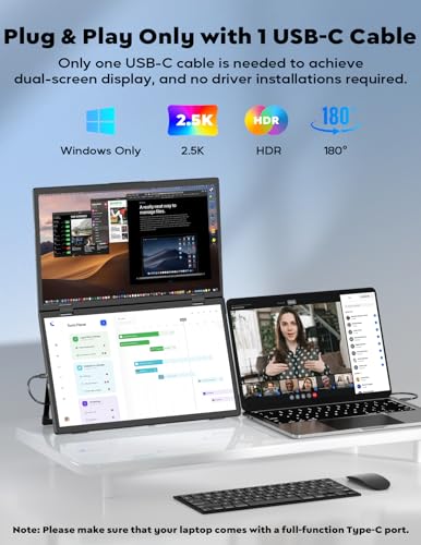 Image of ZSCMALLS 2.5K Dual Monitor(Wins Only), Triple Laptop Screen Extender, 15.6 inch QHD Folding Stacked Portable Dual Monitor, USB C Travel Extended Computer Display, 180Rotation, Plug & Play for Laptops