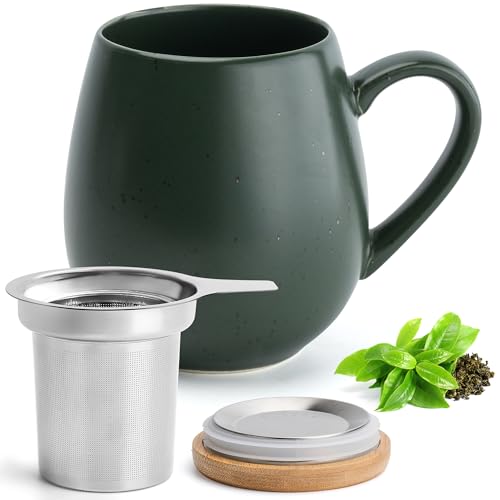 Happy Lemuro Teetasse mit Deckel und Sieb - 550 ml - Große Teetasse mit Sieb - XXL Tasse mit Deckel - Tee Tasse Groß - Tea Cup - Tee Zubehör - Tea Mug - Jumbotasse (Khaki)