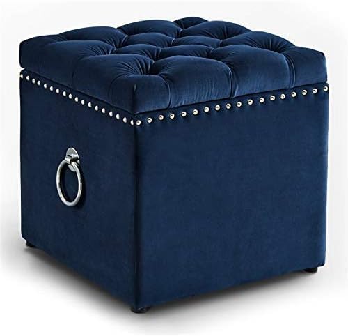 Velvet Storage Ottoman with Hidden Storage | Tufted Upholstered Cube Foot Stool with Nailhead Trim & Ring Handles | Modern Ottoman Bench for Living Room, Bedroom, Entryway & Vanity (Blue)-image-37
