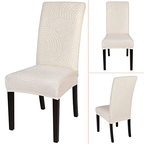 SearchI Waterproof Dining Room Chair Covers Set of 6, Stretch Jacquard Parsons Chair Slipcovers Removable Washable Kitchen Chair Protector for Dining Room, Hotel, Banquet(Beige Stripe)