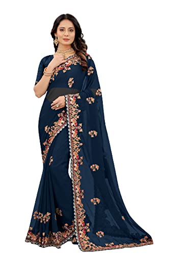 Sari indien Georgette brodé Resham Zari mariage femme musulmane bleu sarcelle 2625