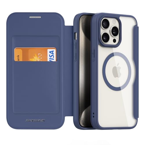 DUX DUCIS Magnetic Case for iPhone 15 Pro Max, [Compatible with MagSafe] Premium Flip Leather Card Holder with RFID Blocking Clear Shockproof Phone Case Cover for Apple iPhone 15 Pro Max (Deep Blue)