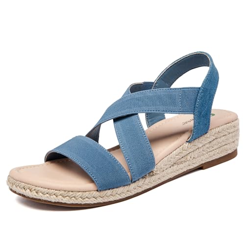 Ataiwee Sandales compensées à plateforme pour femmes,Sandales compensées espadrilles d'été décontractées avec bride de cheville élastique et bout...