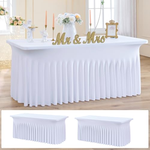 Image of NSSONBEN 2 Pack White Spandex Tablecloth 6ft with Pleats Skirt, Wrinkle Free High Stretch Fitted Tablecloths for 6 Foot Rectangle Tables, Elastic Spandex Table Covers 6ft for Parties Weddings Banquet