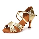 SWDZM Latein Tanzschuhe für Damen Professionelle Tanzschuhe Ballsaal Party Salsa Tanzübung Performance Schuhe,Gold,Ferse 7cm,Wildledersohle,39EU