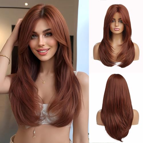Esmee Parrucche Auburn Lunghe e Dritto per le Donne Parrucca Sintetica Stratificata con Frangia per l'uso Quotidiano Cosplay Partito-20 Pollici