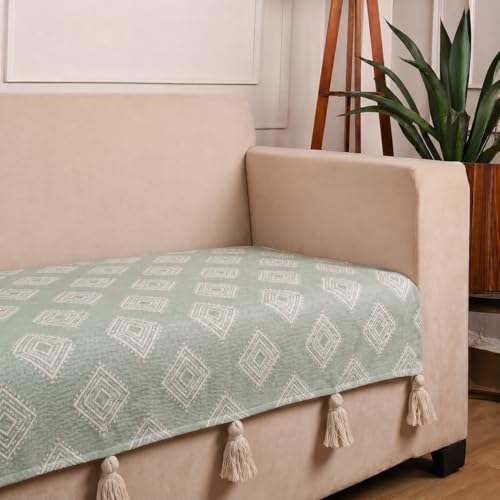 Image of STITCHNEST 'Verdant Rekhika Stories' 2 Seater Sofa Cover| Elegant Jacquard Fabric, Decorative Tassels, Washable & Durable for Modern Living