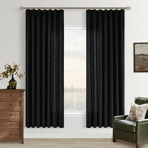 Image of Black Pinch Pleated Semi Sheer Linen Curtains 72 Inch Long for Bedroom | Flax Faux Textured, Light Filtering Privacy, Bay Window Balcony, Hook Rings Memory Shape Pleat, Luxury Elegant, Room Divider