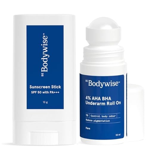 Image of Be Bodywise Spf 50 Sunscreen Stick With Pa+++ (13G) & 4% Aha Bha Underarm Roll On (50Ml), With Vit E, Centella, Alpha Arbutin, Reduces Body Odor, Pigmentation, Tan & Sunburns - All